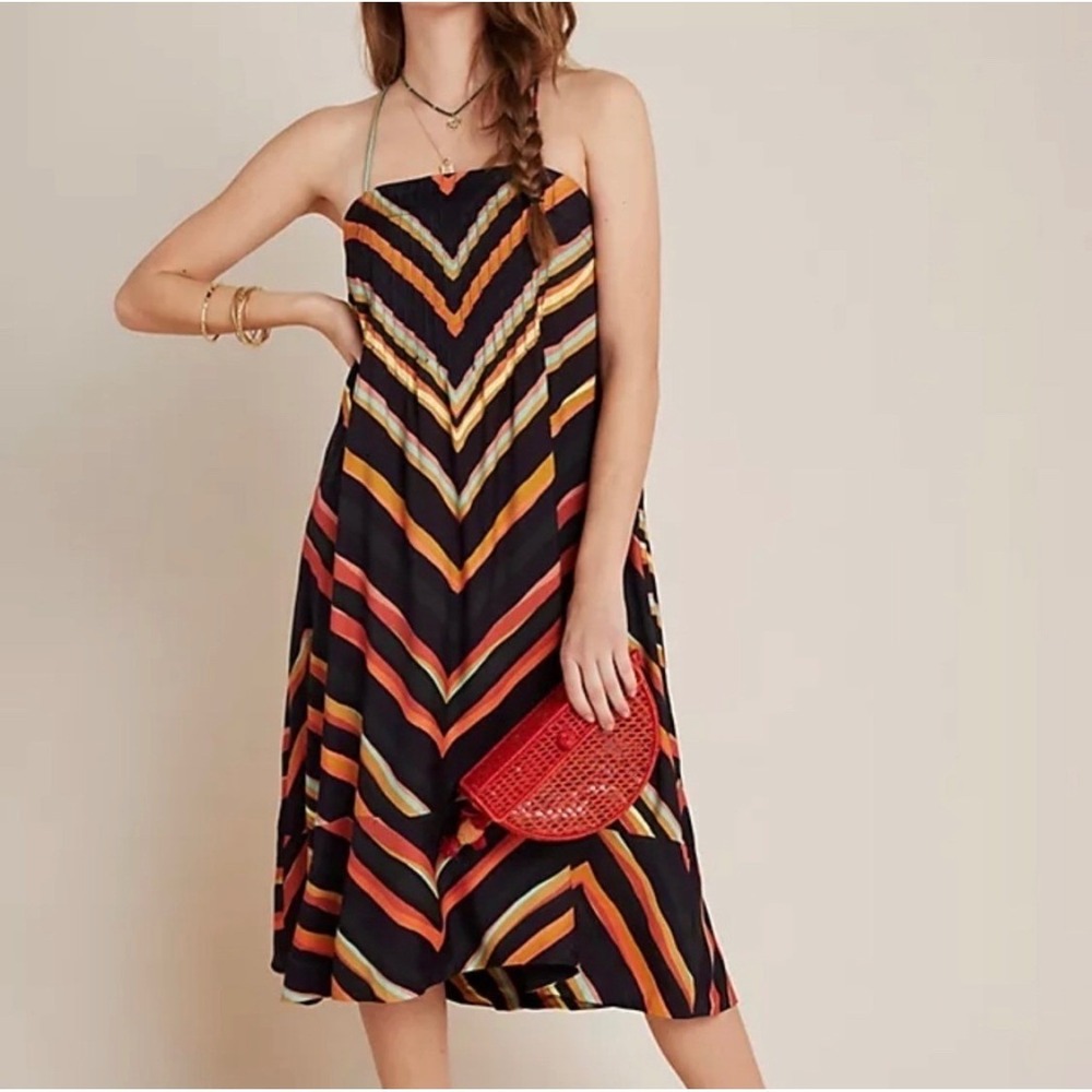 Anthropologie Chevron Stripe Halter Midi Dress Petite Large Boho Resort Vacation